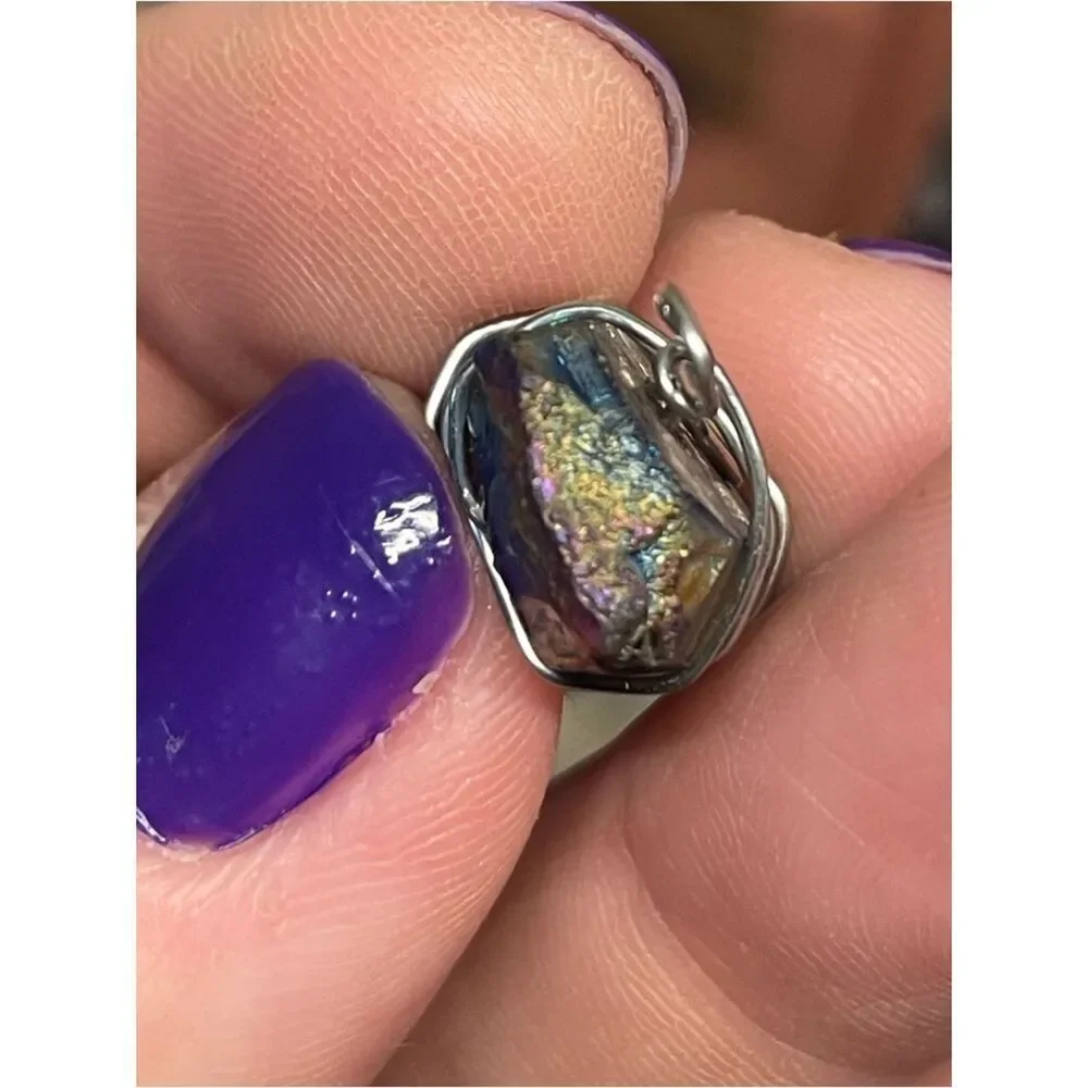 Handmade Small Rainbow Titanium Aura Stone Pendant Wrapped in Silver Wire
